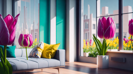 Bouquet of fresh tulips, Beautiful tulip flowers in room with sunset background, colorful tulip flowers with big glass windowの素材