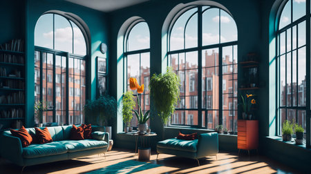 Bouquet of fresh tulips, Beautiful tulip flowers in room with sunset background, colorful tulip flowers with big glass windowの素材