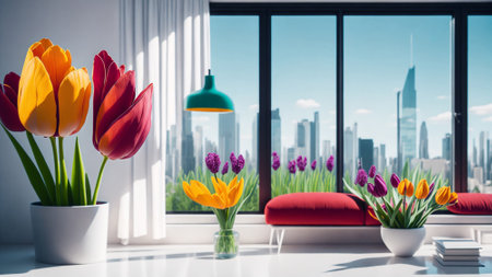 Bouquet of fresh tulips, Beautiful tulip flowers in room with sunset background, colorful tulip flowers with big glass windowの素材