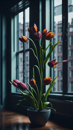 Bouquet of fresh tulips, Beautiful tulip flowers in room with sunset background, colorful tulip flowers with big glass windowの素材