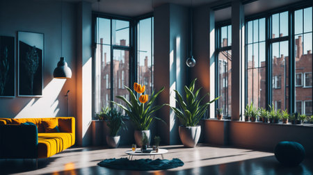 Bouquet of fresh tulips, Beautiful tulip flowers in room with sunset background, colorful tulip flowers with big glass windowの素材