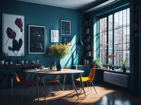 Bouquet of fresh tulips, Beautiful tulip flowers in room with sunset background, colorful tulip flowers with big glass windowの素材
