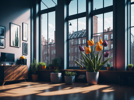 Bouquet of fresh tulips, Beautiful tulip flowers in room with sunset background, colorful tulip flowers with big glass windowの素材