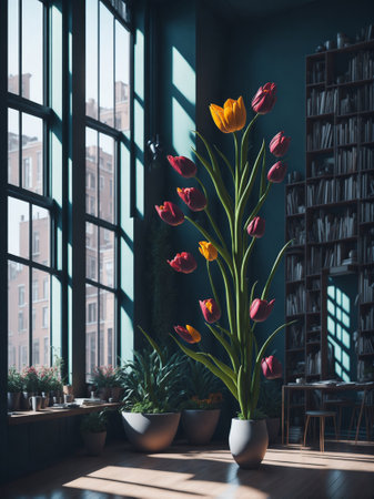Bouquet of fresh tulips, Beautiful tulip flowers in room with sunset background, colorful tulip flowers with big glass windowの素材