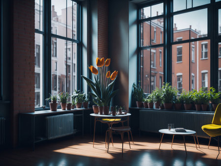 Bouquet of fresh tulips, Beautiful tulip flowers in room with sunset background, colorful tulip flowers with big glass windowの素材