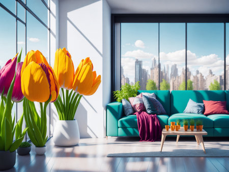 Bouquet of fresh tulips, Beautiful tulip flowers in room with sunset background, colorful tulip flowers with big glass windowの素材