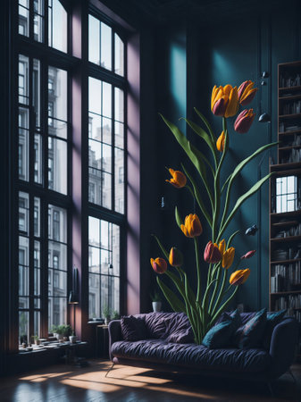 Bouquet of fresh tulips, Beautiful tulip flowers in room with sunset background, colorful tulip flowers with big glass windowの素材