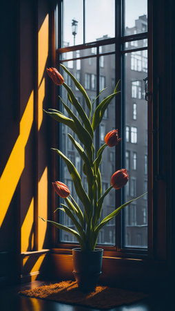 Bouquet of fresh tulips, Beautiful tulip flowers in room with sunset background, colorful tulip flowers with big glass windowの素材