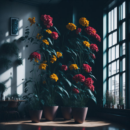 Colorful flower meadow in spring, Illustration of the modern light apartment with big windowの素材