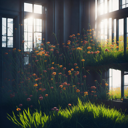 Colorful flower meadow in spring, Illustration of the modern light apartment with big windowの素材