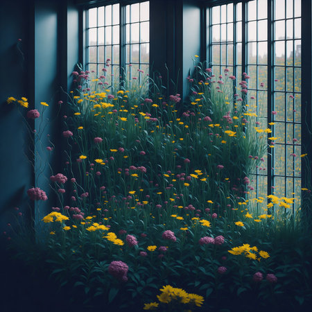 Colorful flower meadow in spring, Illustration of the modern light apartment with big windowの素材