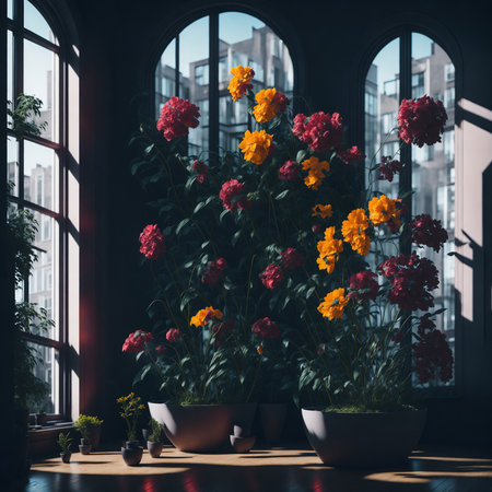 Colorful flower meadow in spring, Illustration of the modern light apartment with big windowの素材