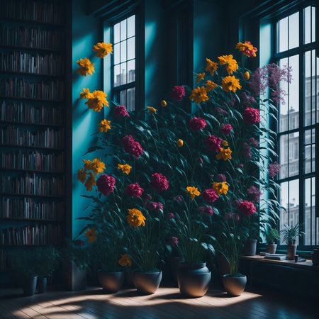 Colorful flower meadow in spring, Illustration of the modern light apartment with big windowの素材