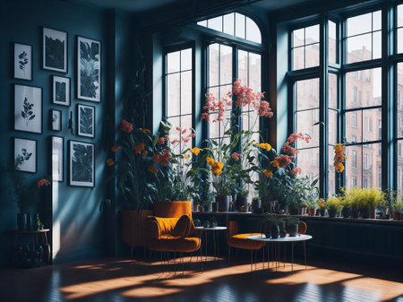Colorful flower meadow in spring, Illustration of the modern light apartment with big windowの素材