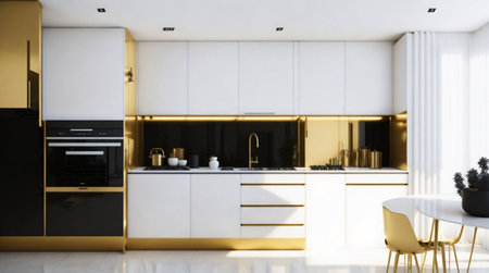 Golden kitchen and minimalist interior design, modern kitchen with interior designの素材