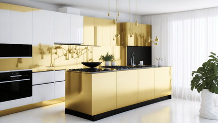 Golden kitchen and minimalist interior design, modern kitchen with interior designの素材