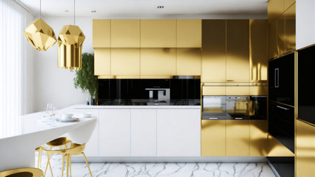 Golden kitchen and minimalist interior design, modern kitchen with interior designの素材