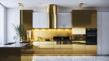 Golden kitchen and minimalist interior design, modern kitchen with interior designの素材