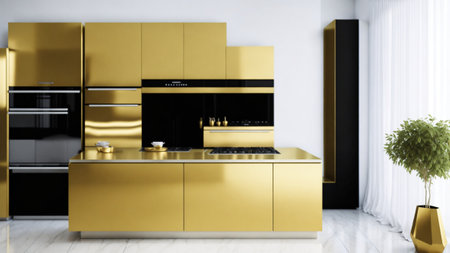 Golden kitchen and minimalist interior design, modern kitchen with interior designの素材