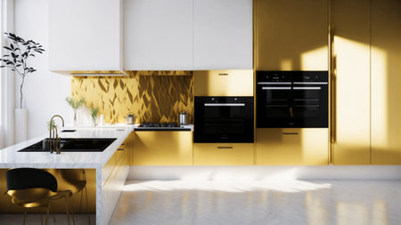 Golden kitchen and minimalist interior design, modern kitchen with interior designの素材