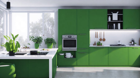 Green kitchen and minimalist interior designの素材