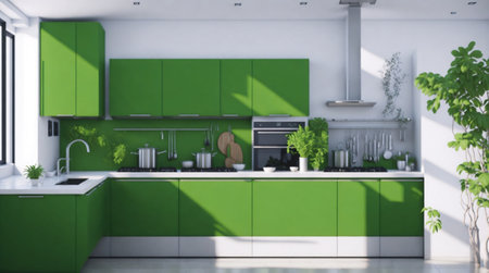 Green kitchen and minimalist interior designの素材