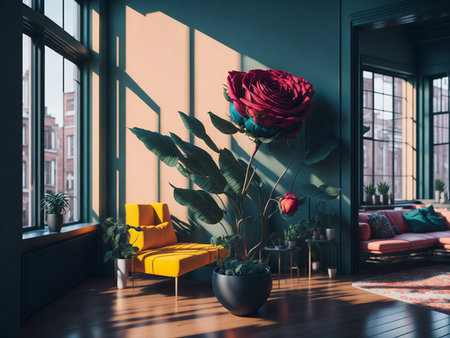 Home inside interior with modern design eco friendly flower, rose flower in room, plants interior living room wth rose flowerの素材