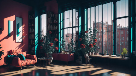 Home inside interior with modern design eco friendly flower, rose flower in room, plants interior living room wth rose flowerの素材