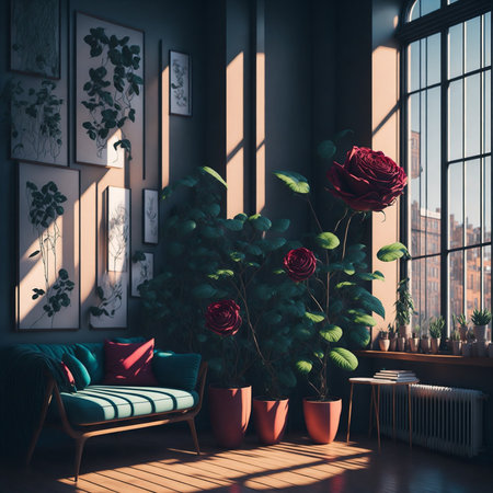 Home inside interior with modern design eco friendly flower, rose flower in room, plants interior living room wth rose flowerの素材