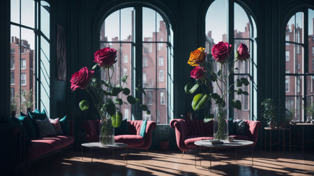 Home inside interior with modern design eco friendly flower, rose flower in room, plants interior living room wth rose flowerの素材