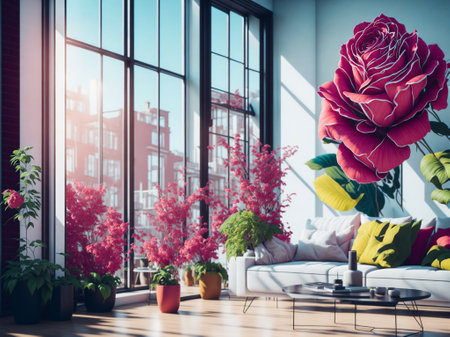 Home inside interior with modern design eco friendly flower, rose flower in room, plants interior living room wth rose flowerの素材