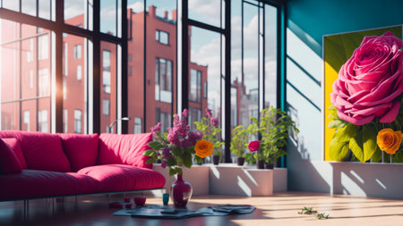 Home inside interior with modern design eco friendly flower, rose flower in room, plants interior living room wth rose flowerの素材
