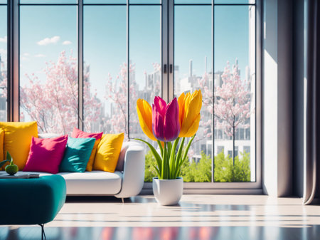 Home inside interior with modern design eco friendly flower, tulip flower in room plants interior living room wth tulip flowerの素材