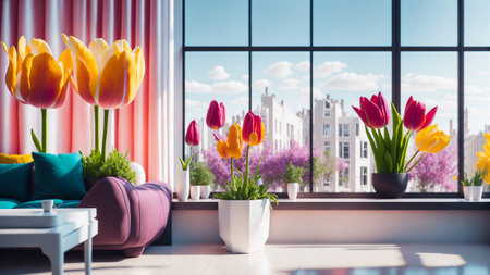 Home inside interior with modern design eco friendly flower, tulip flower in room plants interior living room wth tulip flowerの素材