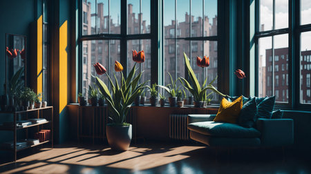 Home inside interior with modern design eco friendly flower, tulip flower in room plants interior living room wth tulip flowerの素材