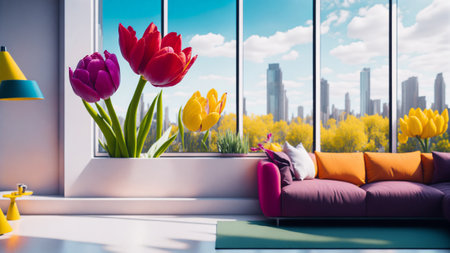 Home inside interior with modern design eco friendly flower, tulip flower in room plants interior living room wth tulip flowerの素材
