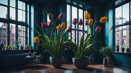 Home inside interior with modern design eco friendly flower, tulip flower in room plants interior living room wth tulip flowerの素材