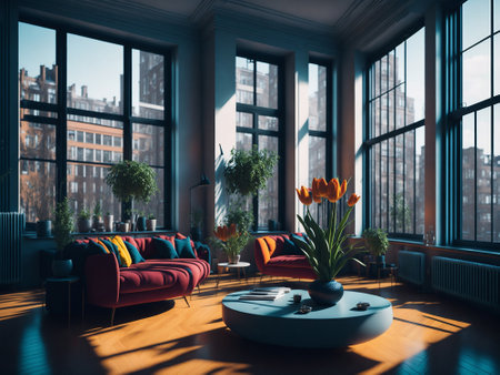 Home inside interior with modern design eco friendly flower, tulip flower in room plants interior living room wth tulip flowerの素材