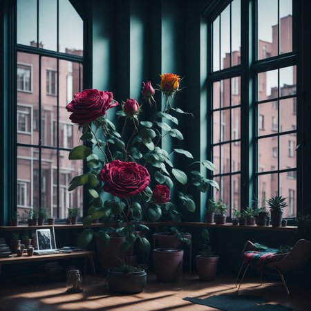 Rose plants meadow spring time, summer season flower in room, roses beautiful weather inside interior room, living room design with rosesの素材