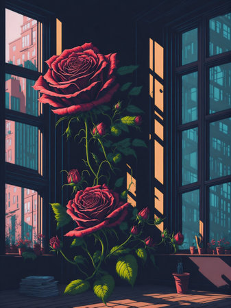 Rose plants meadow spring time, summer season flower in room, roses beautiful weather inside interior room, living room design with rosesの素材