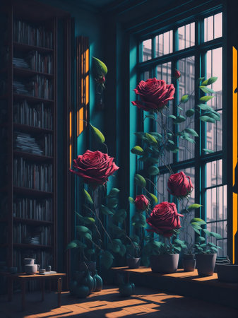 Rose plants meadow spring time, summer season flower in room, roses beautiful weather inside interior room, living room design with rosesの素材