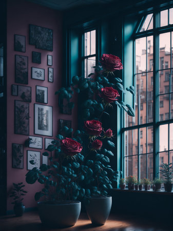 Rose plants meadow spring time, summer season flower in room, roses beautiful weather inside interior room, living room design with rosesの素材