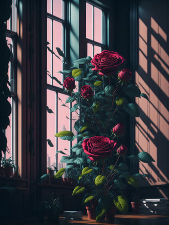 Rose plants meadow spring time, summer season flower in room, roses beautiful weather inside interior room, living room design with rosesの素材