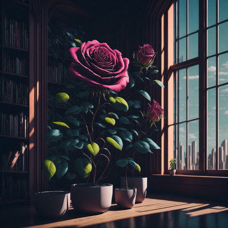 Rose plants meadow spring time, summer season flower in room, roses beautiful weather inside interior room, living room design with rosesの素材