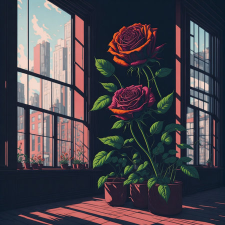 Rose plants meadow spring time, summer season flower in room, roses beautiful weather inside interior room, living room design with rosesの素材