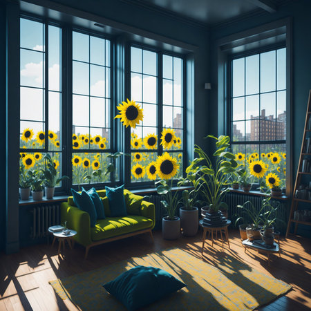 Sunflower inside a living room with big window in spring time, sunflower from windowの素材