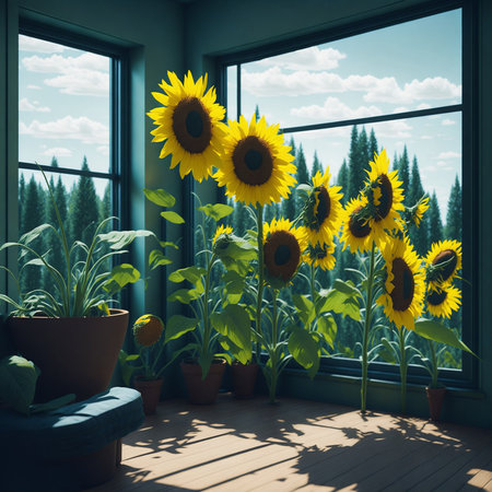 Sunflower inside a living room with big window in spring time, sunflower from windowの素材