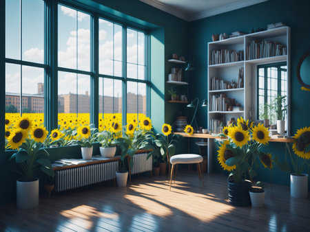 Sunflower inside a living room with big window in spring time, sunflower from windowの素材