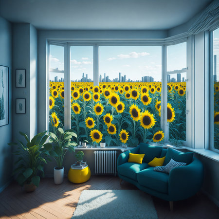 Sunflower inside a living room with big window in spring time, sunflower from windowの素材