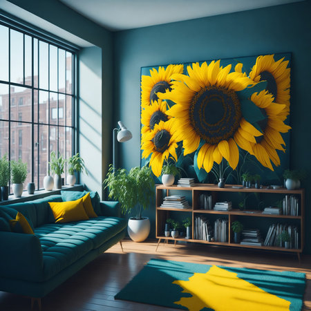 Sunflower inside a living room with big window in spring time, sunflower from windowの素材